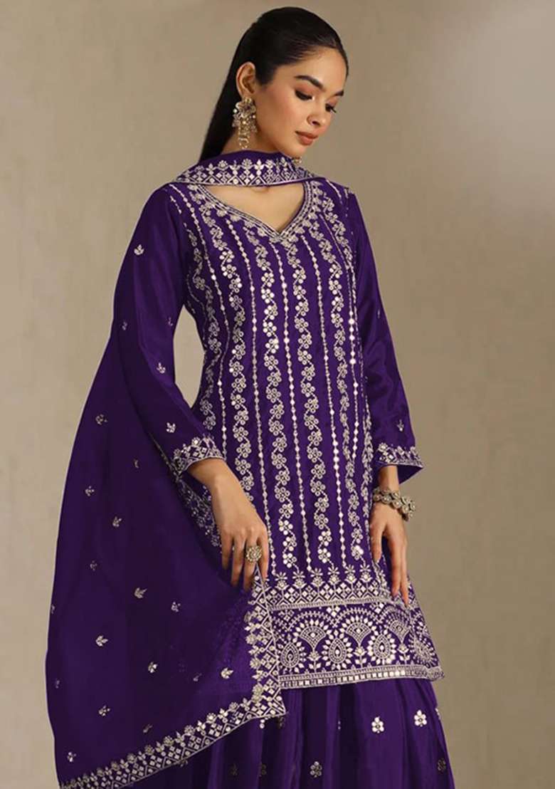 Blue Embroidery Silk Palazzo Set - Indya