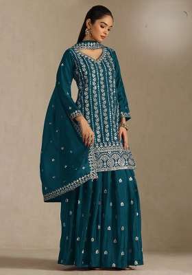 Wine Embroidery Silk Kurta Set