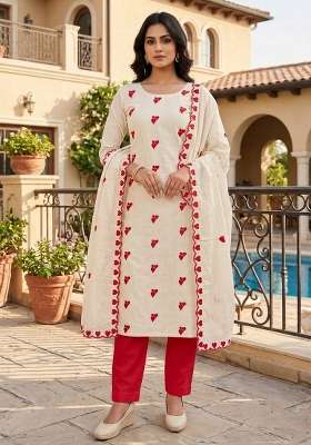 White Embroidery Cotton Material Suit Set