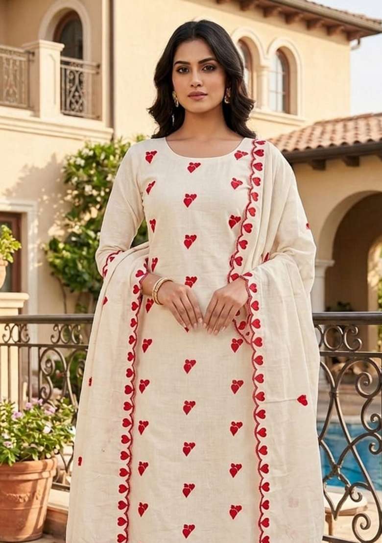 White Embroidery Cotton Material Suit Set - Indya