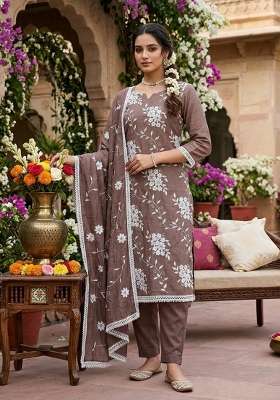 Brown Embroidery Silk Material Suit Set