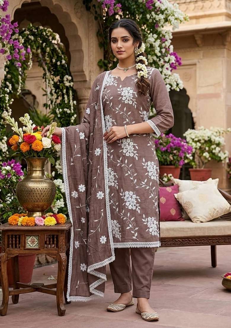 Brown Embroidery Silk Material Suit Set - Indya
