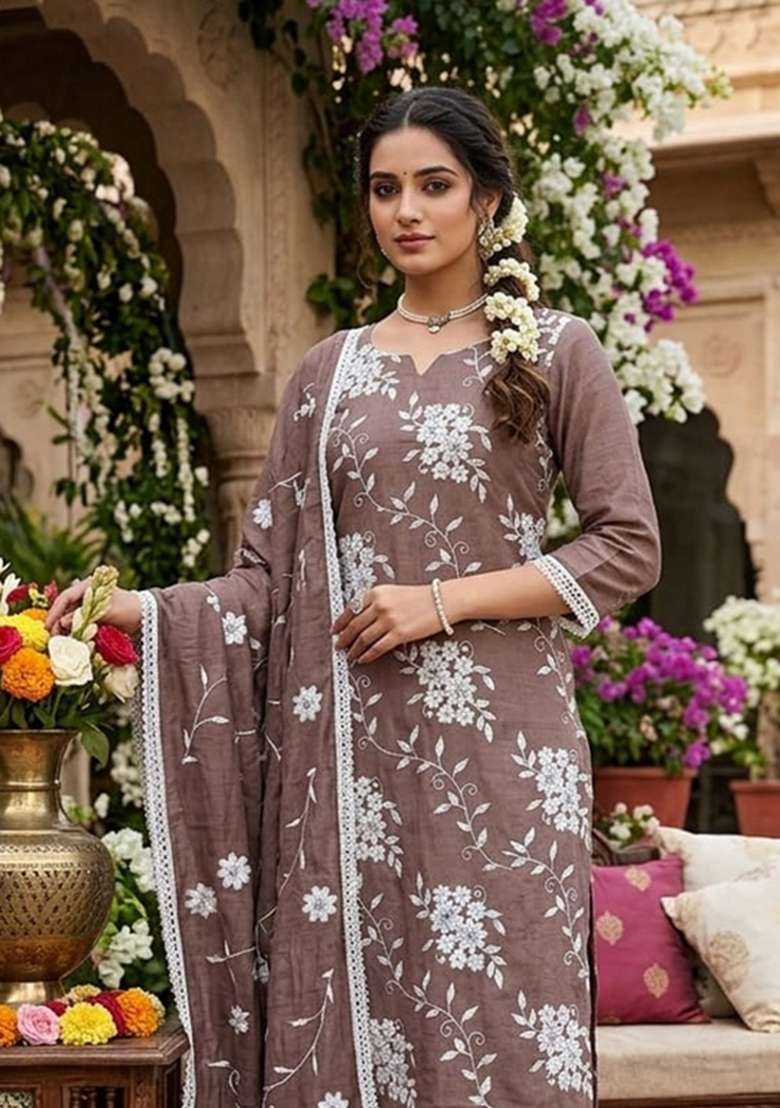 Brown Embroidery Silk Material Suit Set - Indya