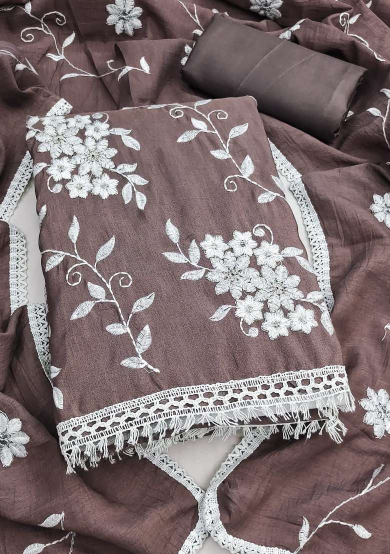Brown Embroidery Silk Material Suit Set - Indya
