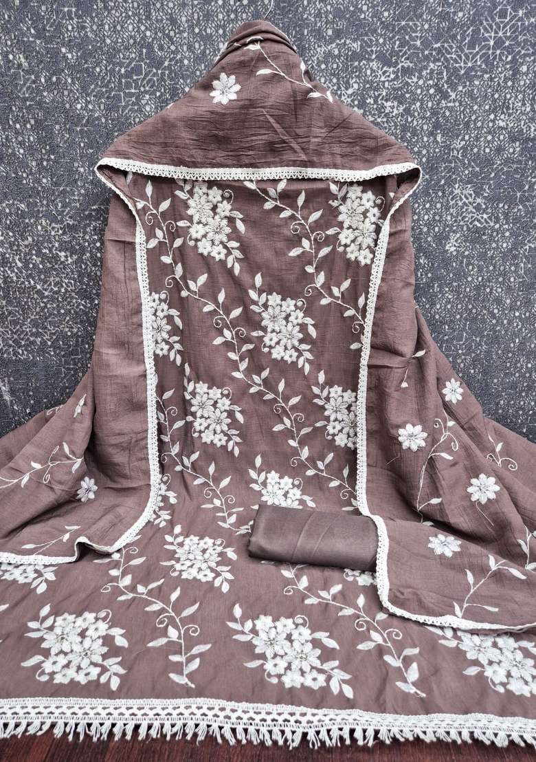 Brown Embroidery Silk Material Suit Set - Indya