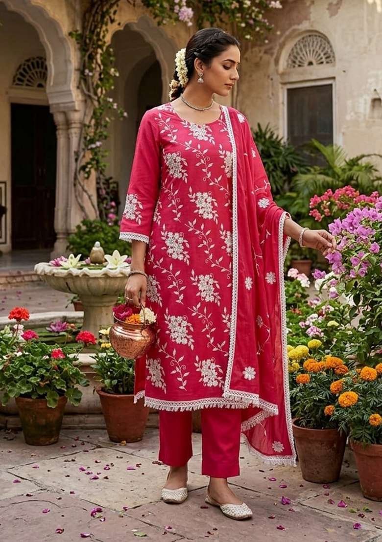 Red Embroidery Silk Material Suit Set - Indya