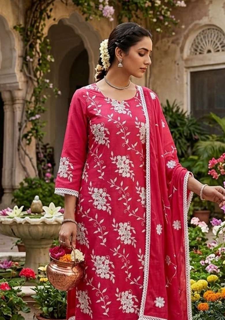 Red Embroidery Silk Material Suit Set - Indya