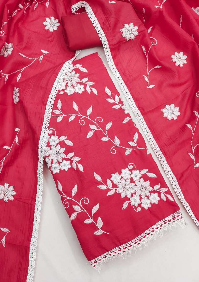 Red Embroidery Silk Material Suit Set - Indya