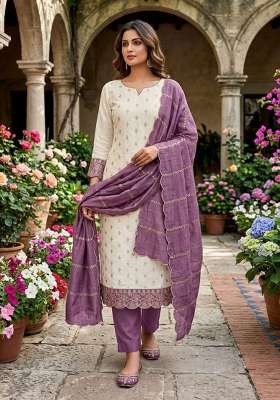 White Embroidery Silk Material Suit Set