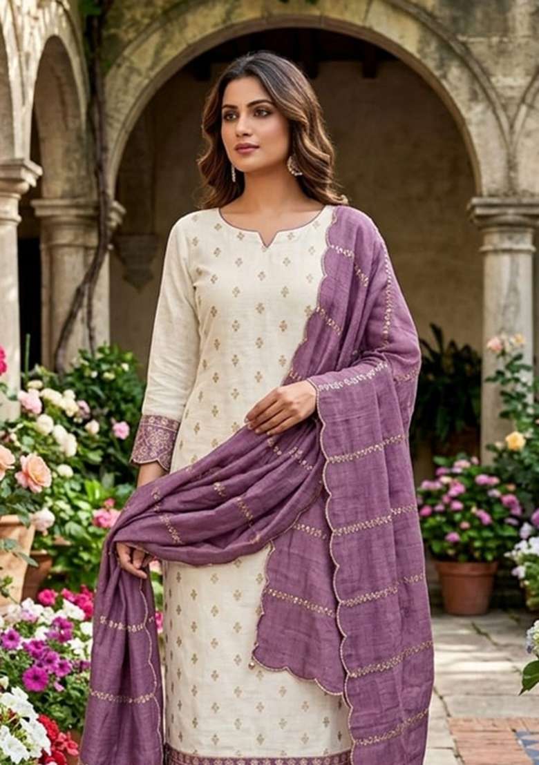 White Embroidery Silk Material Suit Set - Indya