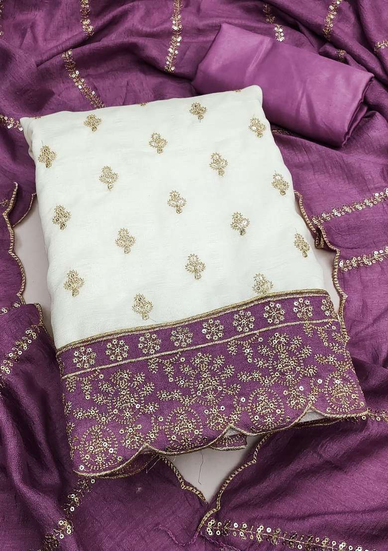 White Embroidery Silk Material Suit Set - Indya