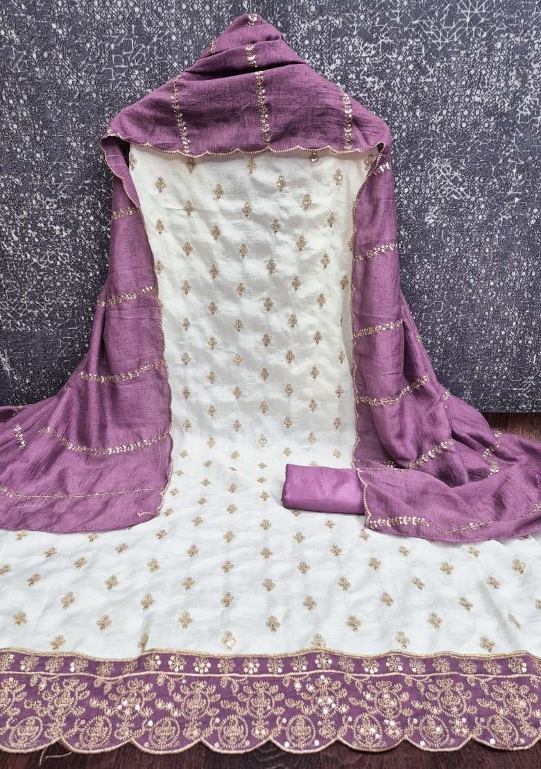 White Embroidery Silk Material Suit Set - Indya