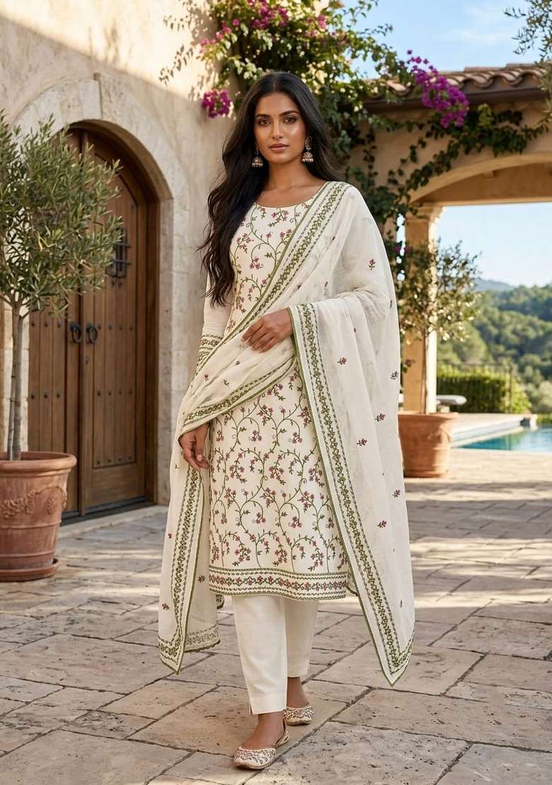 White Embroidery Cotton Material Suit Set - Indya
