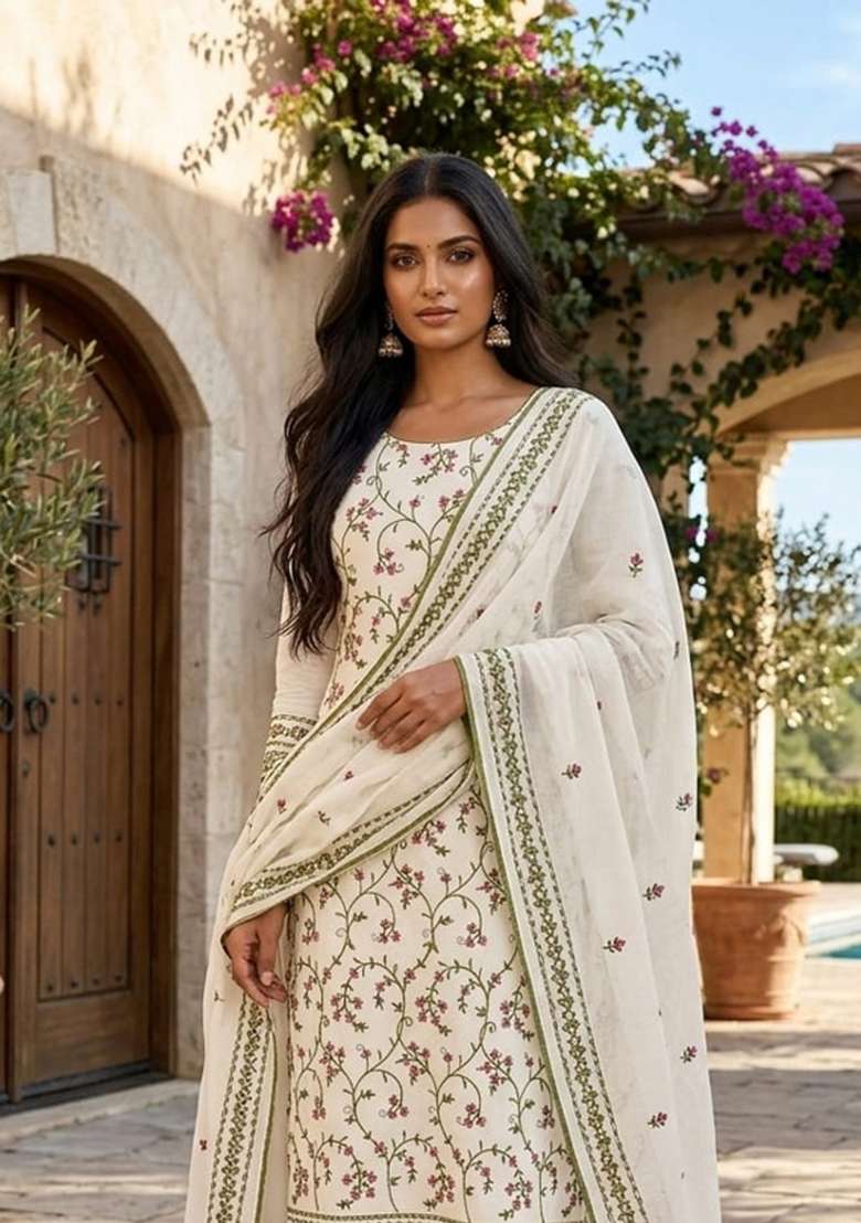 White Embroidery Cotton Material Suit Set - Indya