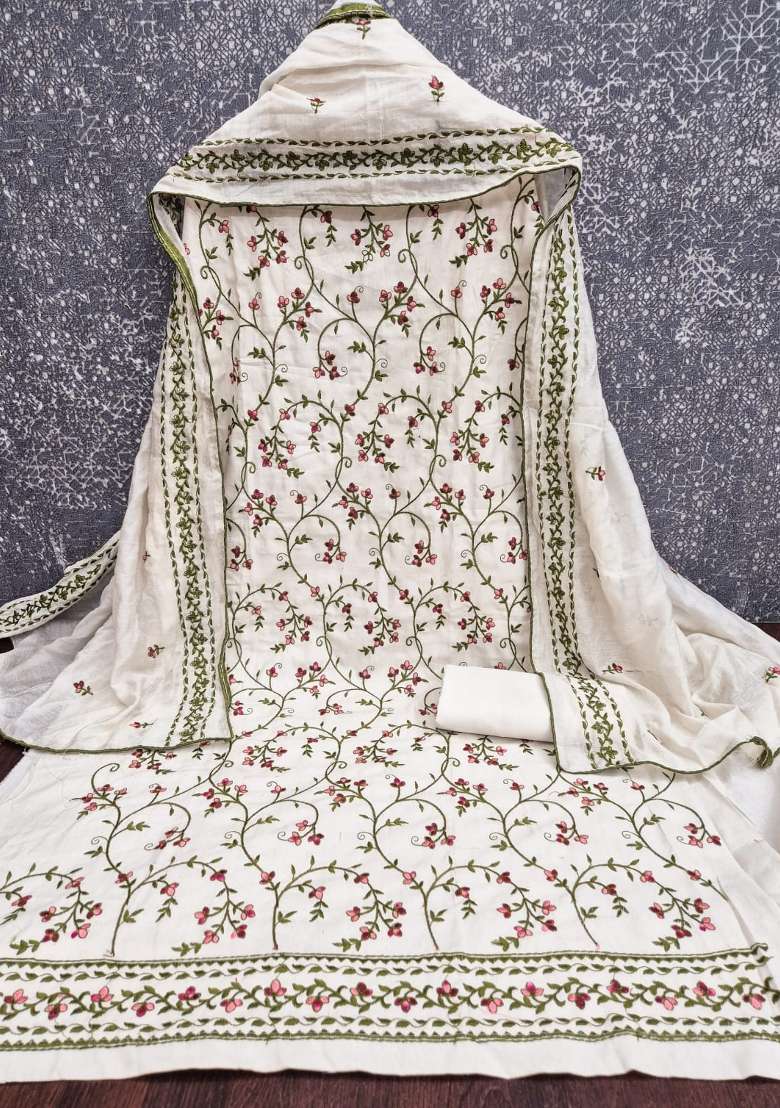 White Embroidery Cotton Material Suit Set - Indya