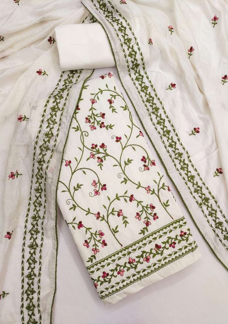 White Embroidery Cotton Material Suit Set - Indya