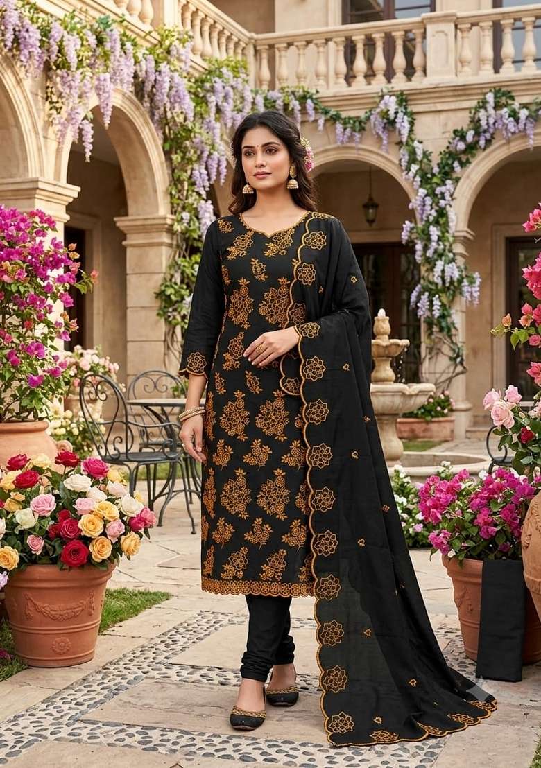 Black Embroidery Silk Material Suit Set - Indya