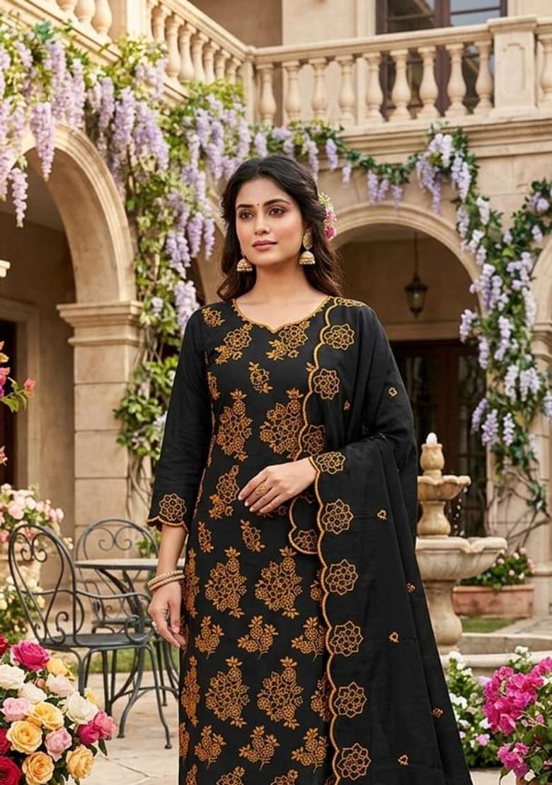 Black Embroidery Silk Material Suit Set - Indya