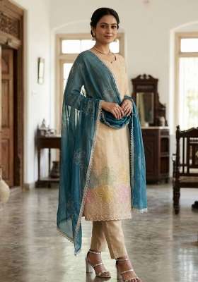 Beige Embroidery Cotton Material Suit Set