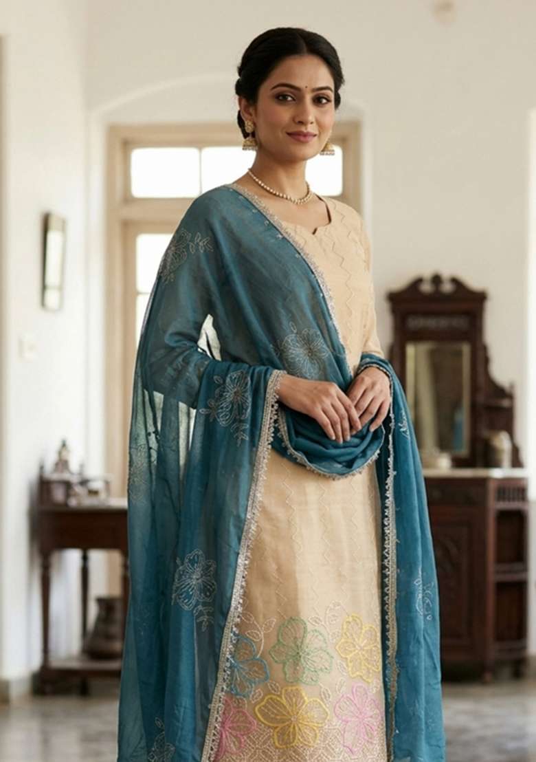 Beige Embroidery Cotton Material Suit Set - Indya