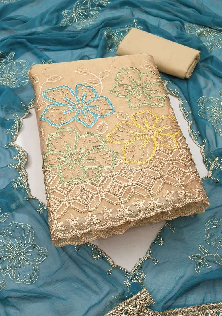 Beige Embroidery Cotton Material Suit Set - Indya