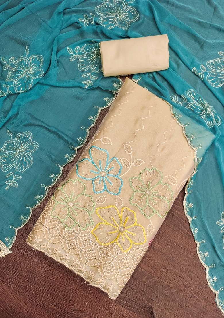 Beige Embroidery Cotton Material Suit Set - Indya