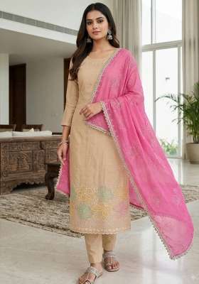 Beige Embroidery Cotton Material Suit Set