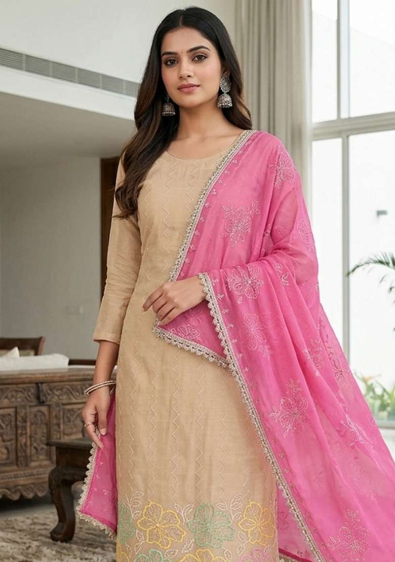 Beige Embroidery Cotton Material Suit Set - Indya