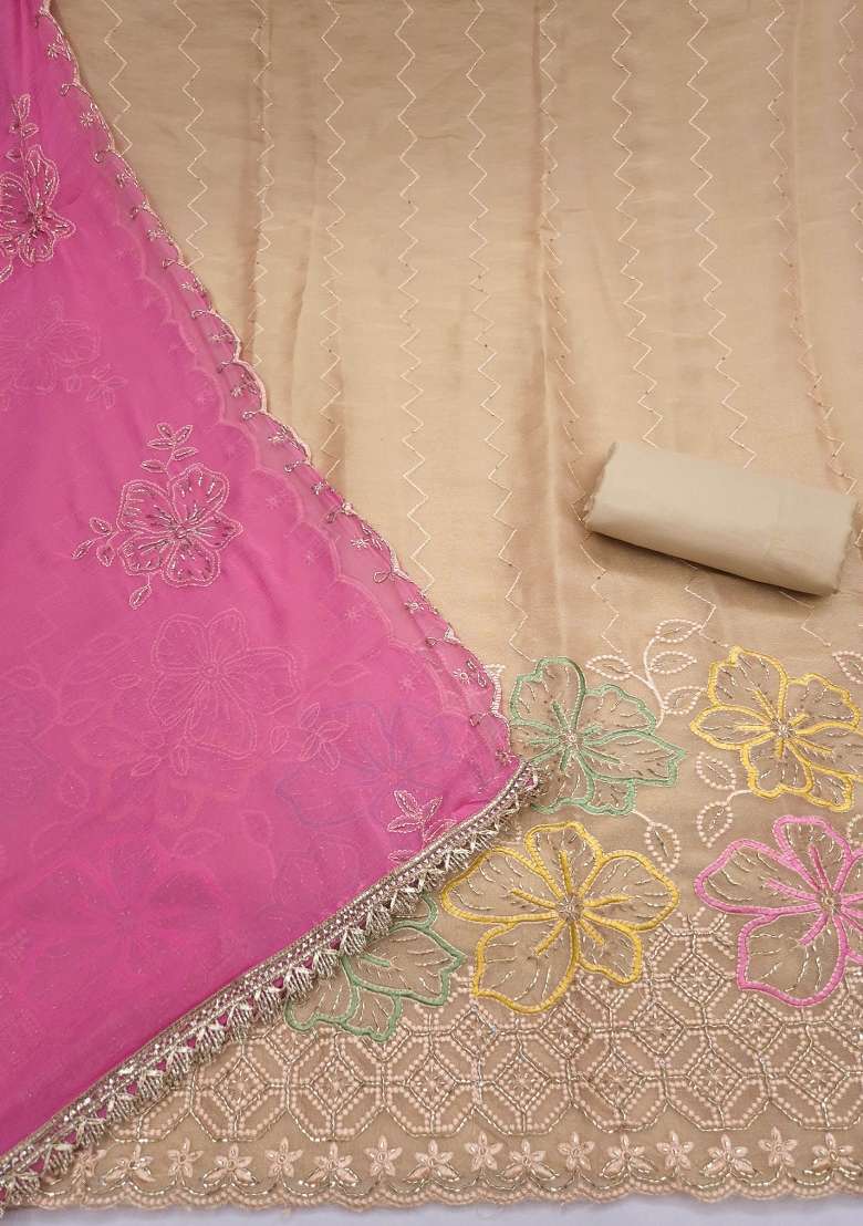 Beige Embroidery Cotton Material Suit Set - Indya