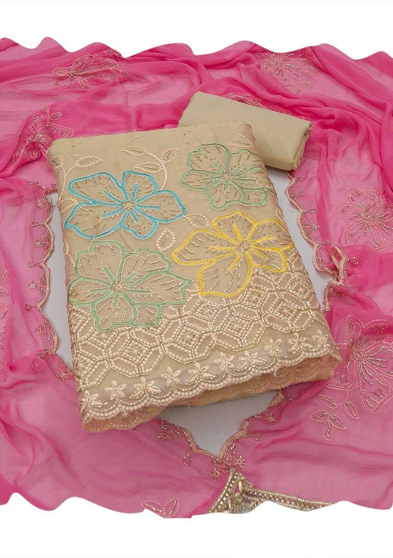 Beige Embroidery Cotton Material Suit Set - Indya
