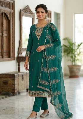 Sea Green Embroidery Silk Material Suit Set