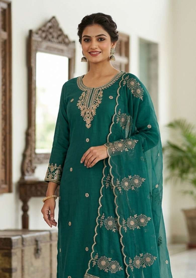 Sea Green Embroidery Silk Material Suit Set - Indya