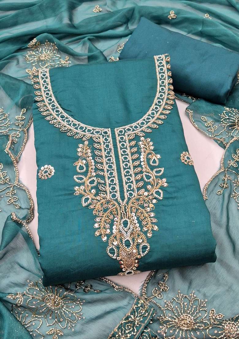 Sea Green Embroidery Silk Material Suit Set - Indya
