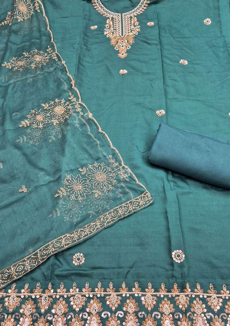 Sea Green Embroidery Silk Material Suit Set - Indya