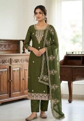 Green Embroidery Silk Material Suit Set
