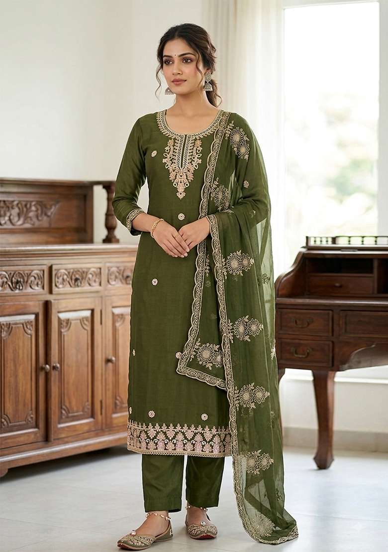 Green Embroidery Silk Material Suit Set - Indya