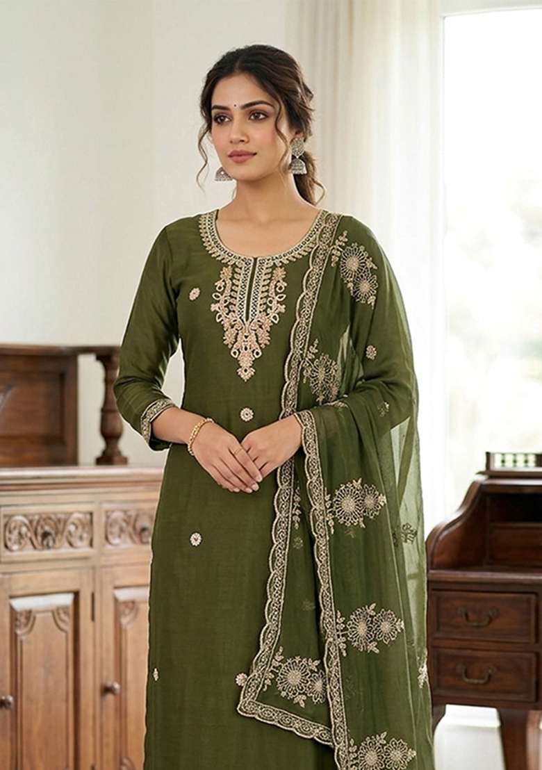 Green Embroidery Silk Material Suit Set - Indya