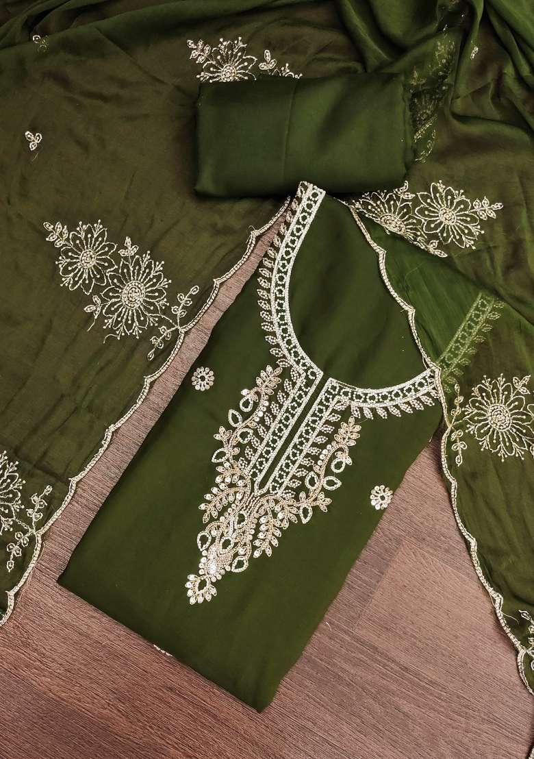 Green Embroidery Silk Material Suit Set - Indya