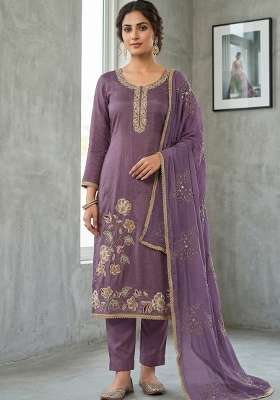 Lavender Embroidery Cotton Material Suit Set