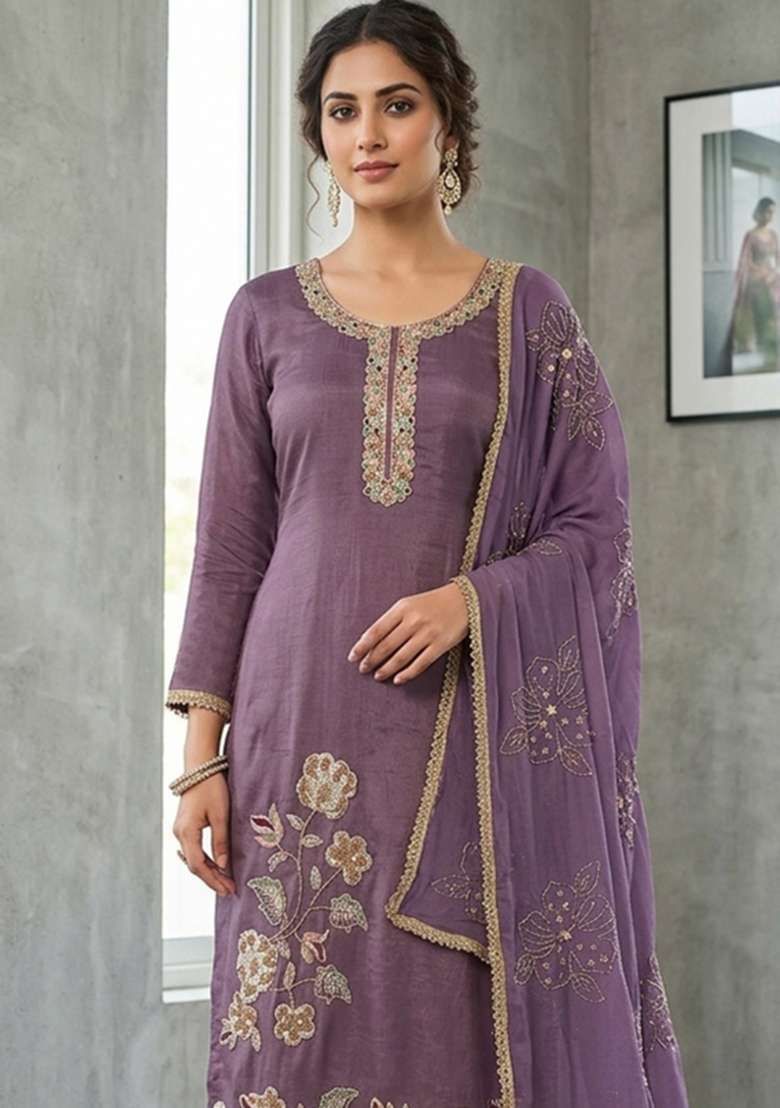 Lavender Embroidery Cotton Material Suit Set - Indya