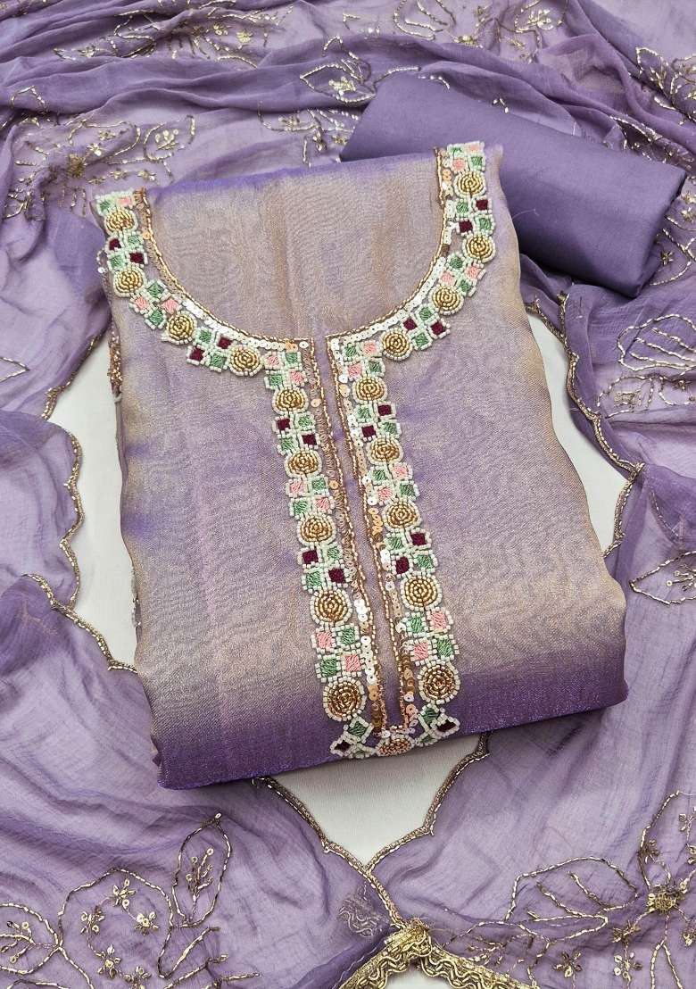 Lavender Embroidery Cotton Material Suit Set - Indya