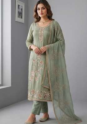 Grey Embroidery Cotton Material Suit Set
