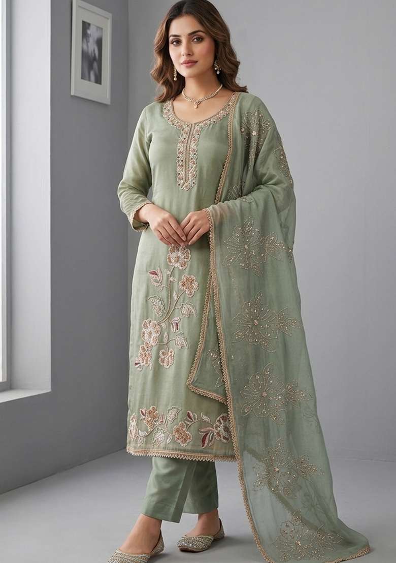 Grey Embroidery Cotton Material Suit Set - Indya