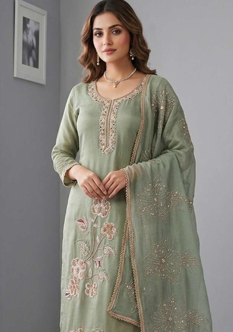 Grey Embroidery Cotton Material Suit Set - Indya