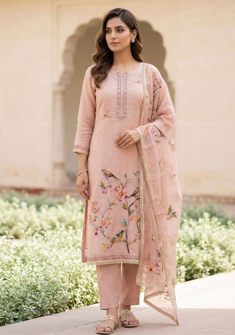 Lavender Printed Cotton Material Suit Set - Indya