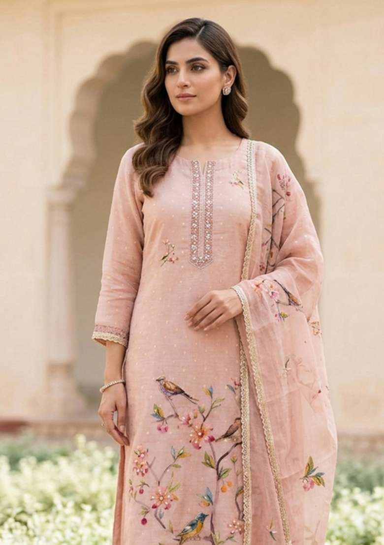 Lavender Printed Cotton Material Suit Set - Indya