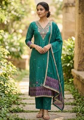 Sea Green Weaving Work Cotton Material Suit Set