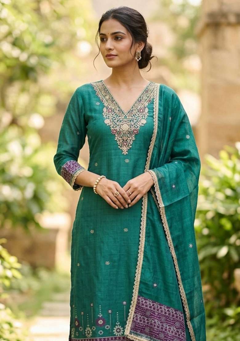 Sea Green Weaving Work Cotton Material Suit Set - Indya