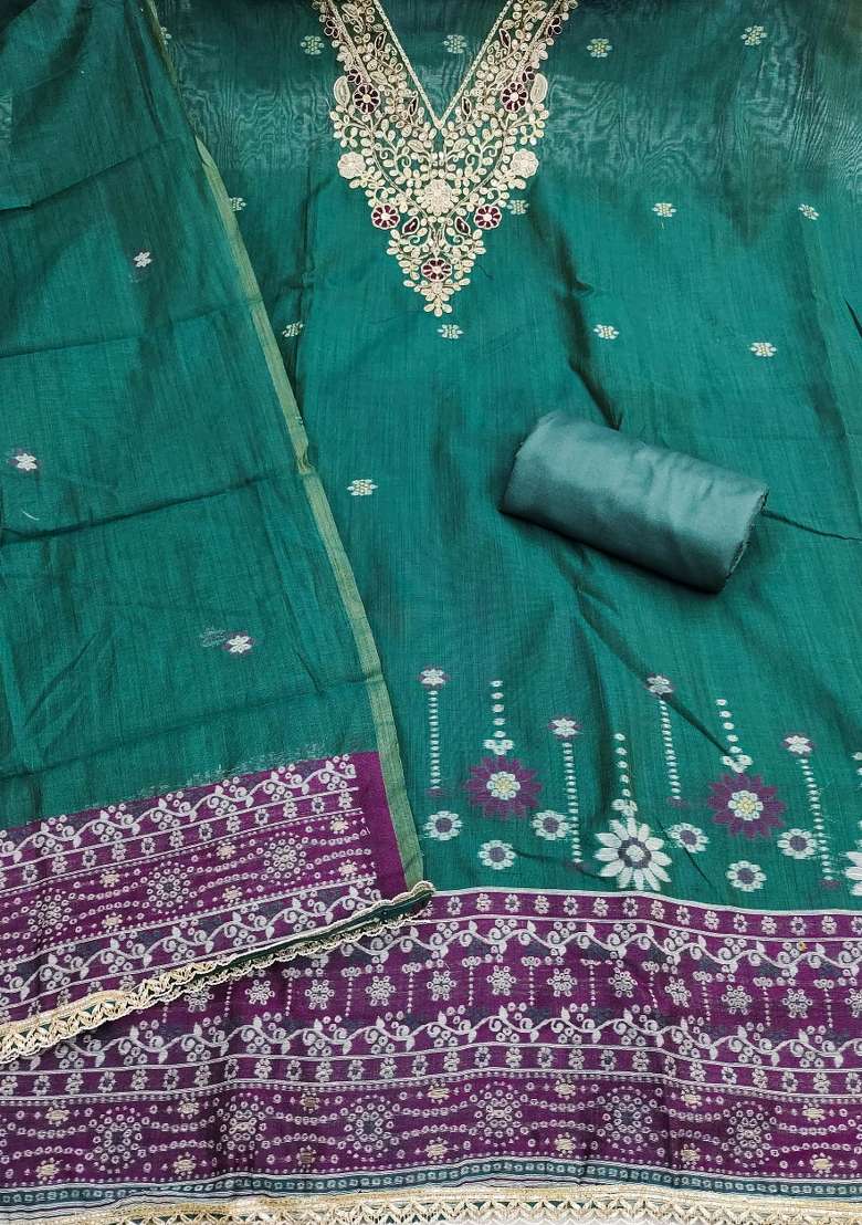 Sea Green Weaving Work Cotton Material Suit Set - Indya