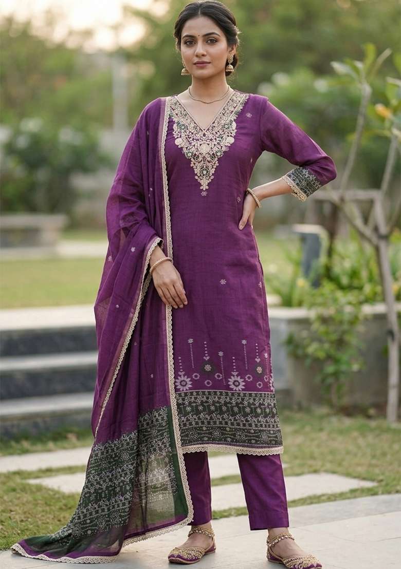 Purple Weaving Work Cotton Material Suit Set - Indya